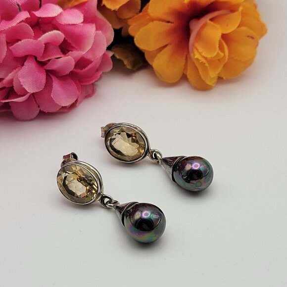 Jewelry - 925 Sterling Silver Citrine And Peacock Pearl Teardrop Earrings Pierced  1.5"